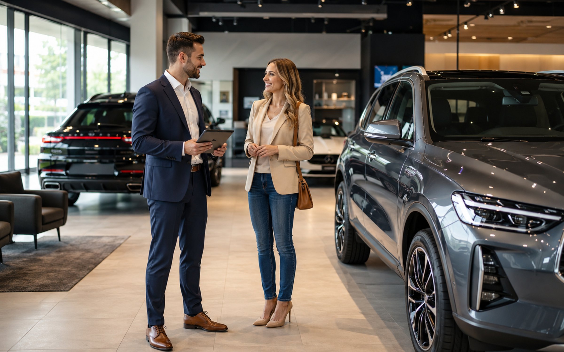 Car dealer showroom customer experience representing dealership review growth